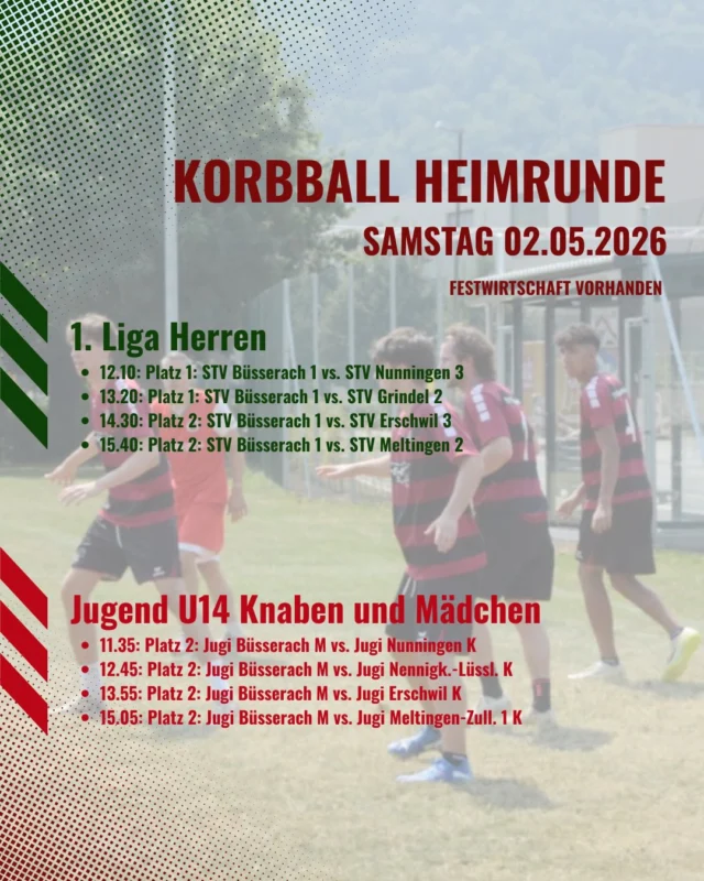🏐 Korbball Heimrunde zum Saisonauftakt in Büsserach!

Am kommenden Wochenende geht’s endlich los:

Samstag
Herren & Jugend U14
Spielbeginn ab 11.00 Uhr
Erster Einsatz Büsserach: 11.35 Uhr

Sonntag
Damen & Jugend U17
Spielbeginn ab 9.30 Uhr
Erster Einsatz Büsserach: 9.30 Uhr

🍔 Festwirtschaft ist organisiert

Kommt vorbei und unterstützt unsere Teams lautstark – wir freuen uns auf euch!