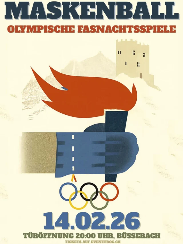 Wenn sich die Welt im Winter 2026 bei den Olympischen Winterspielen misst, geht es auch in Büsserach um Höchstleistungen, jedoch auf fasnächtliche Art!
Am 14. Februar 2026 verwandelt sich Büsserach in die Arena der Olympischen Fasnachtsspiele, wo Masken, Guggenmusiken und ausgelassene Stimmung um die Goldmedaille der Fasnacht kämpfen. Sei dabei, wenn Fasnachtstradition auf olympischen Wettkampfgeist trifft!

Türöffnung: 20.00 Uhr
Eintritt: ab 18 Jahren (Ausweiskontrolle, auch für Maskierte)

Es erwarten euch verschieden dekorierte Bars, Verpflegungsmöglichkeiten, Shotcorner und vieles mehr. Für die musikalische Höchstleistung sorgen Guggenmusiken und zwei DJ’s – das detaillierte Programm folgt.

Vollmaskierte Gäste erhalten freien Eintritt, sofern ihre Maskierung dem Veranstaltungsmotto entspricht. Ein Einlassticket ist in diesem Fall erforderlich und wird am Eingang rückerstattet. Die Maskierung muss bis zur Maskenprämierung getragen werden. Frühzeitiges Erscheinen ist Pflicht.

Bei einem vorzeitigen Ausverkauf gibt es keine Abendkassen.

https://eventfrog.ch/de/p/fasnacht-fasching-karneval/party/maskenball-buesserach-2026-7406401090818671306.html